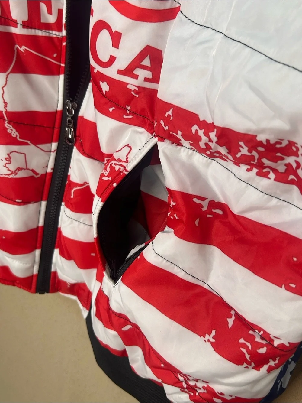 XL puffer quilted bomber jacket celebrating 250 USA Patriotic graphic design.